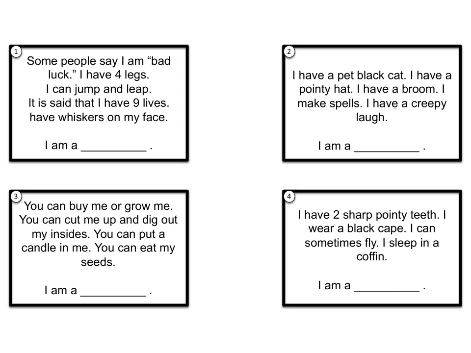 Riddle cards 1-4: students hear clues about bad luck and 9 lives, a pointy hat, carving and seeds, and sharp teeth