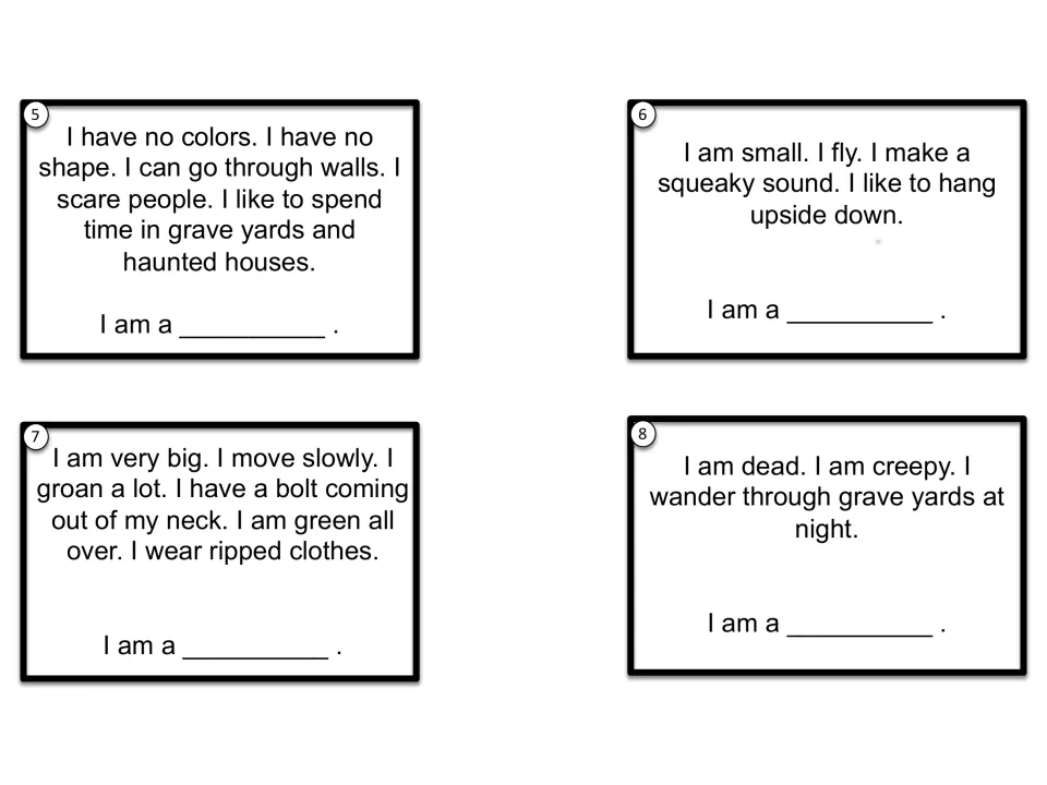 Riddle cards 5-8: clues about going through walls, hanging upside down, a bolt in the neck and wandering grave yards