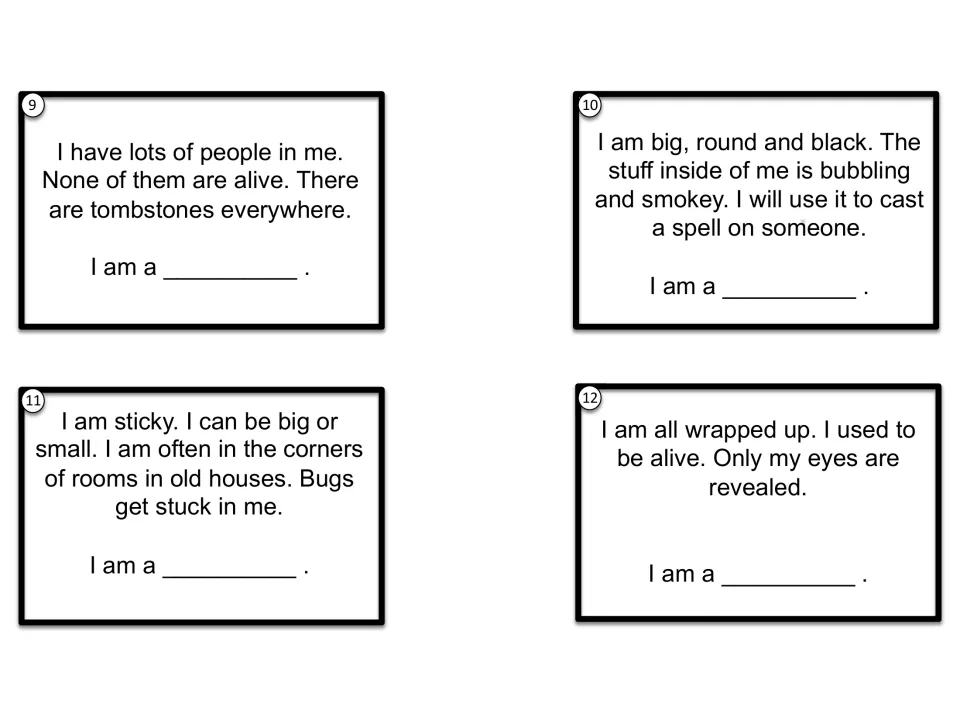 Riddle cards 9-12: students guess from clues about tombstones, a bubbling pot for spells, sticky webs and being wrapped up