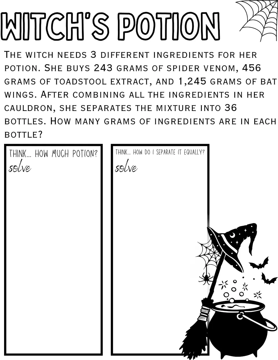 Witch's Potion word problem: students add 243, 456 and 1,245 grams of ingredients, then divide the total into 36 bottles