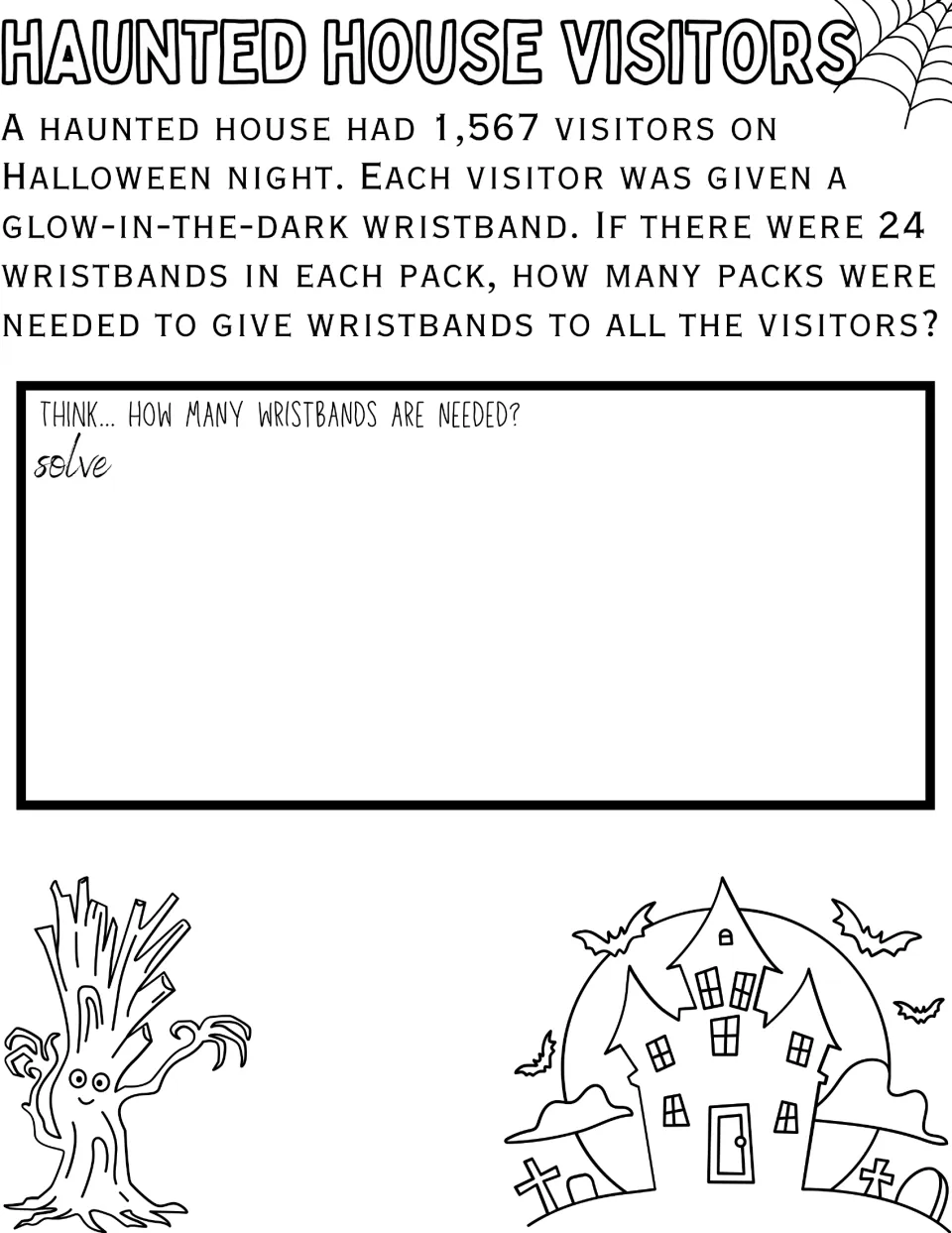 Haunted House Visitors: students divide 1,567 visitors by 24 wristbands per pack to find how many packs are needed