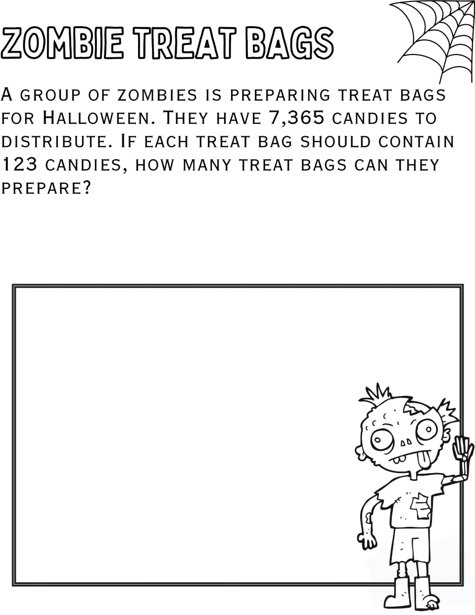 Zombie Treat Bags: students divide 7,365 candies into bags of 123 to work out how many treat bags can be prepared