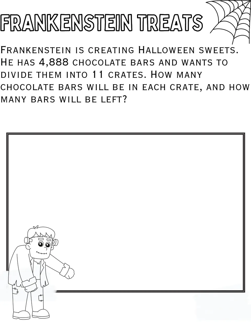 Frankenstein Treats: students divide 4,888 chocolate bars among 11 crates, finding bars per crate and the remainder
