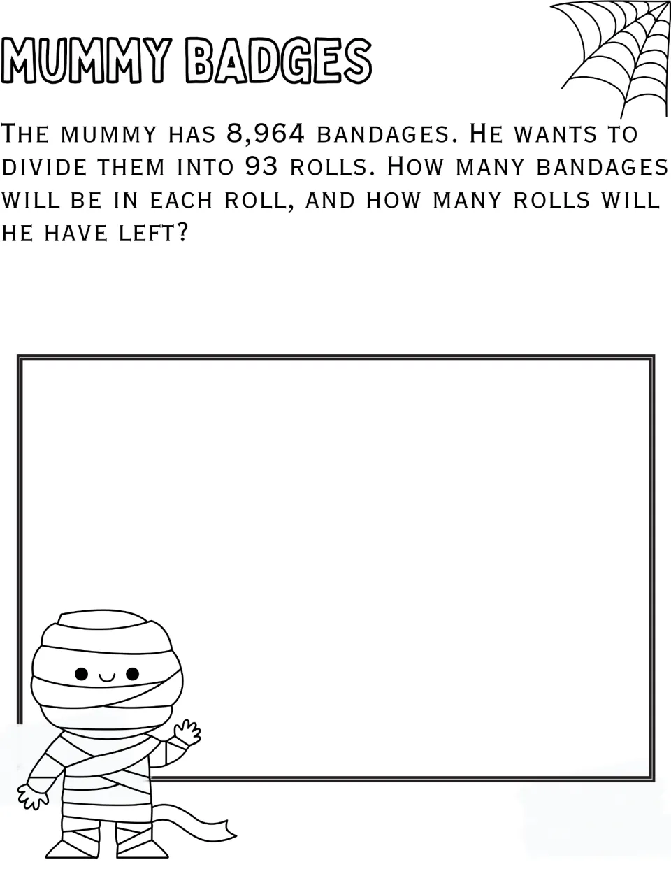Mummy Badges: students divide 8,964 bandages into 93 rolls, finding bandages per roll and how many are left over