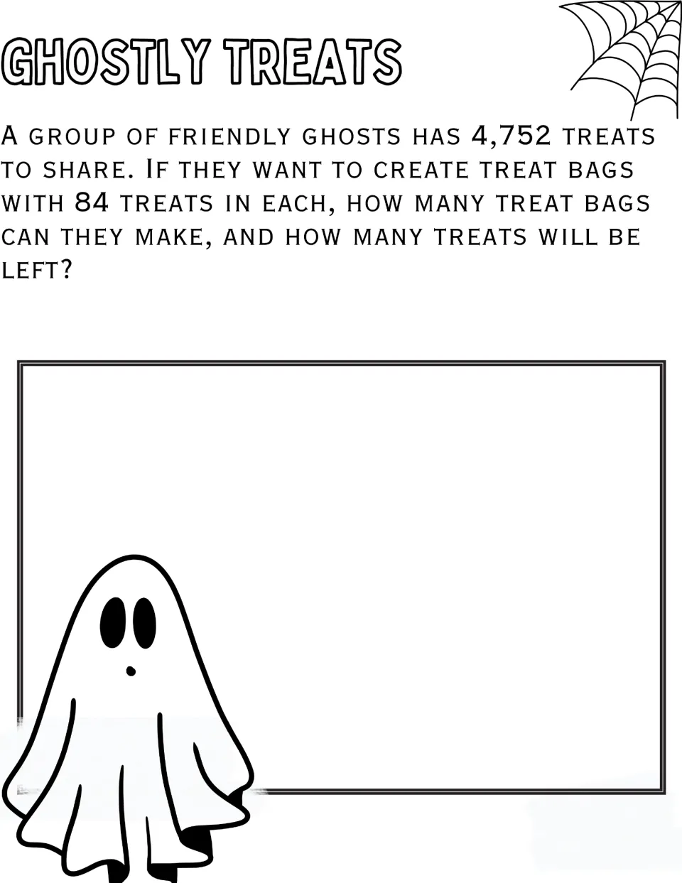 Ghostly Treats: students divide 4,752 treats into bags of 84, finding how many bags can be made and the treats left