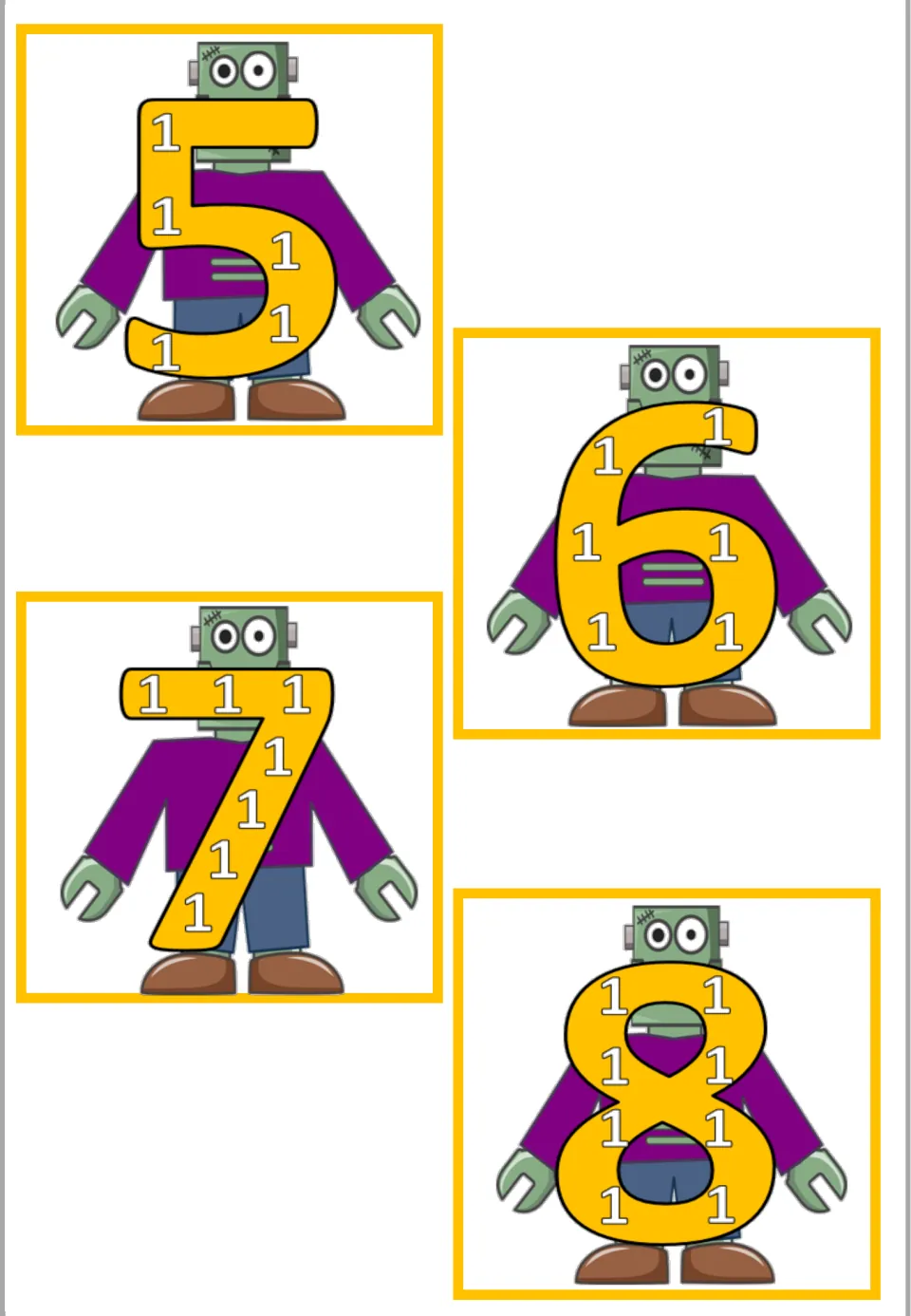 Multiplication wall poster sheet for ×1: products 5, 6, 7, and 8, containing five to eight small 1s.