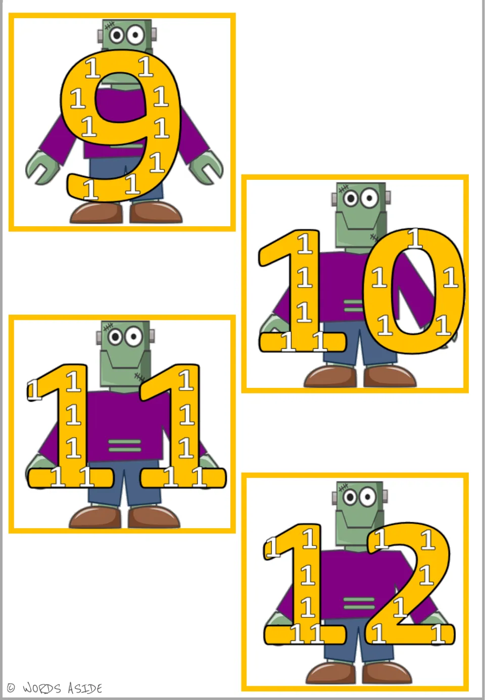Multiplication wall poster sheet for ×1: products 9, 10, 11, and 12, containing nine to twelve small 1s.