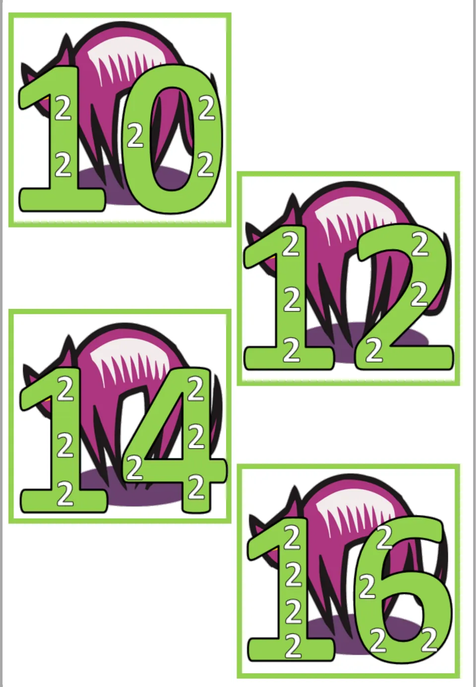 Multiplication wall poster sheet for ×2: products 10, 12, 14, and 16, containing five to eight small 2s.
