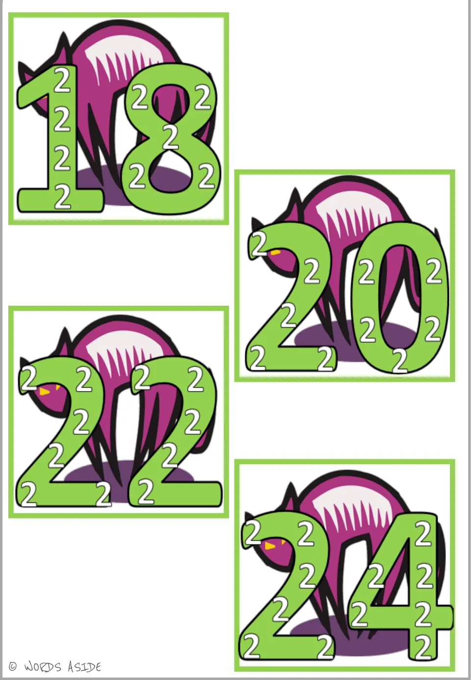 Multiplication wall poster sheet for ×2: products 18, 20, 22, and 24, containing nine to twelve small 2s.
