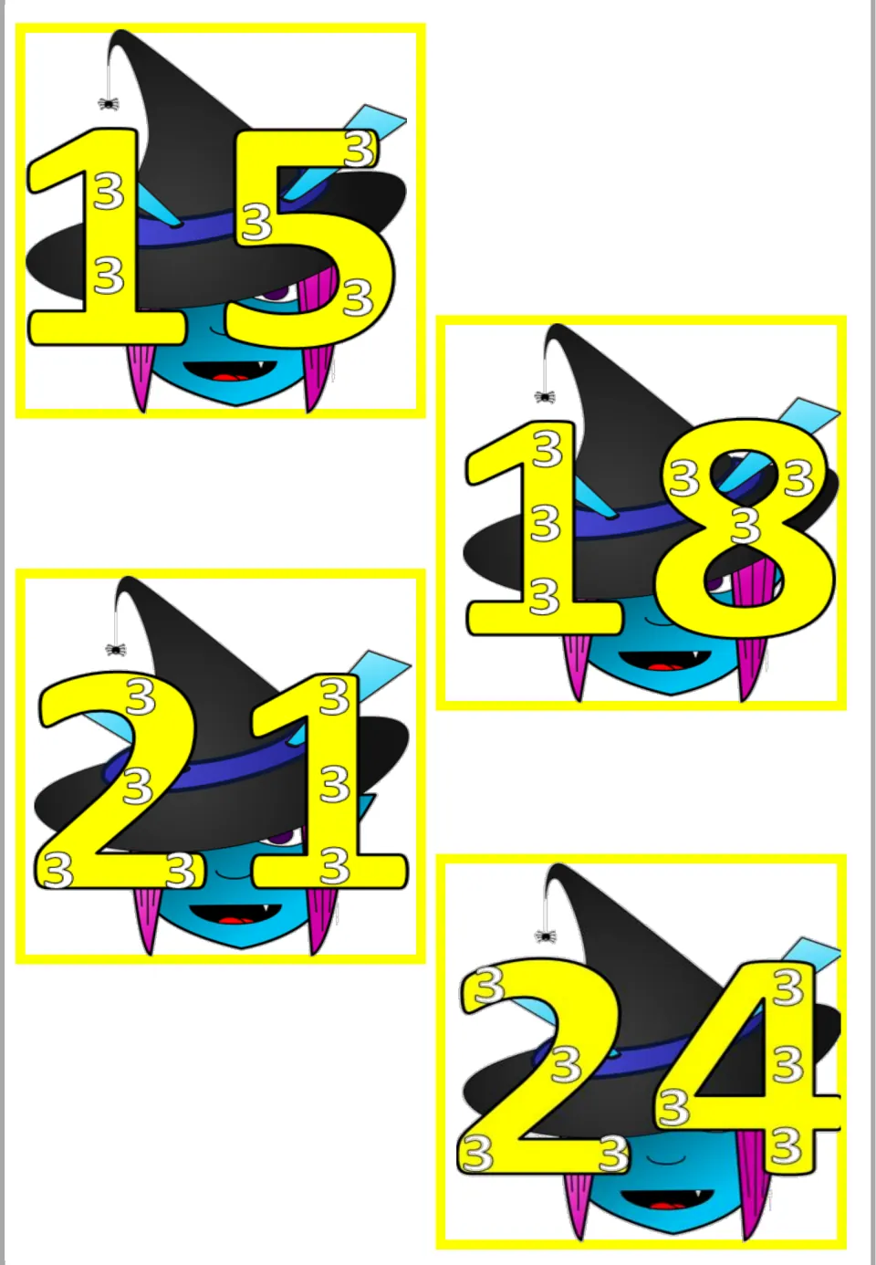 Multiplication wall poster sheet for ×3: products 15, 18, 21, and 24, containing five to eight small 3s.