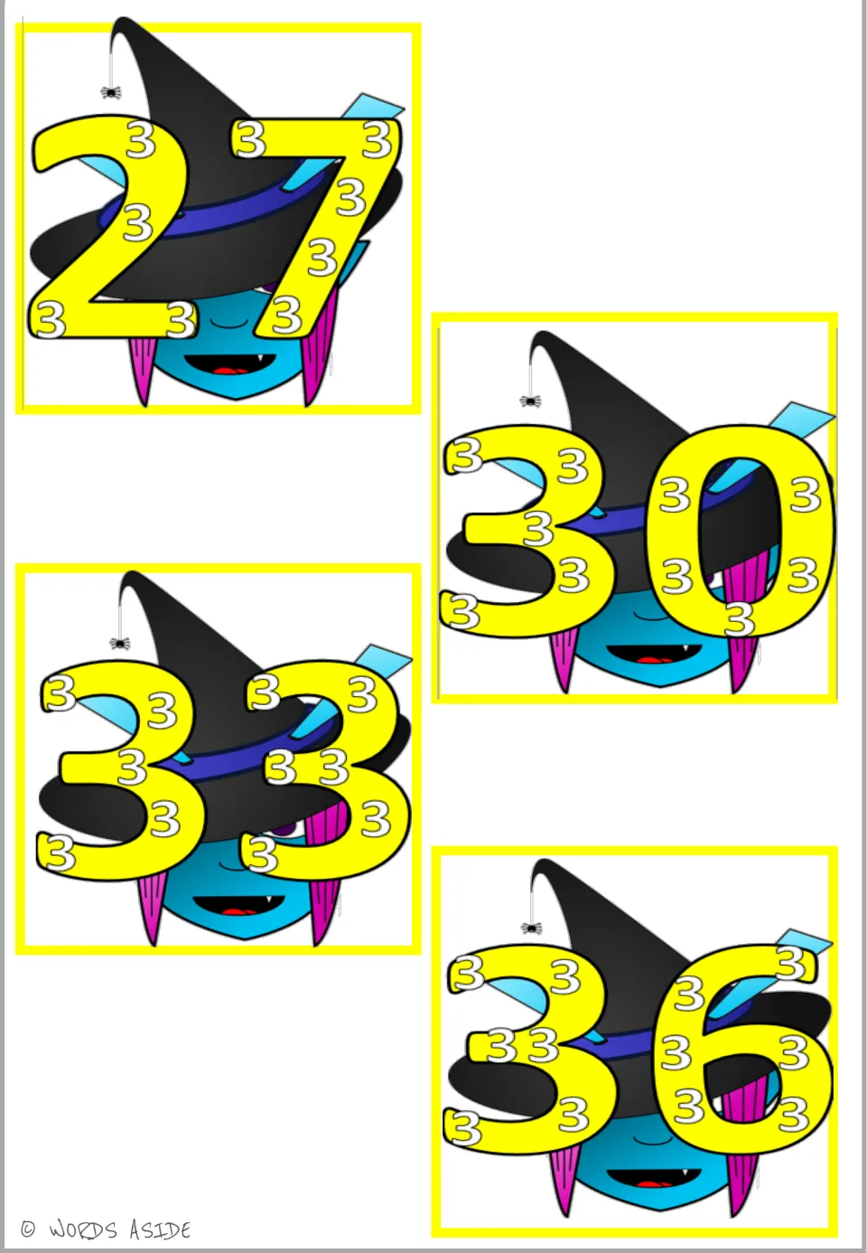 Multiplication wall poster sheet for ×3: products 27, 30, 33, and 36, containing nine to twelve small 3s.