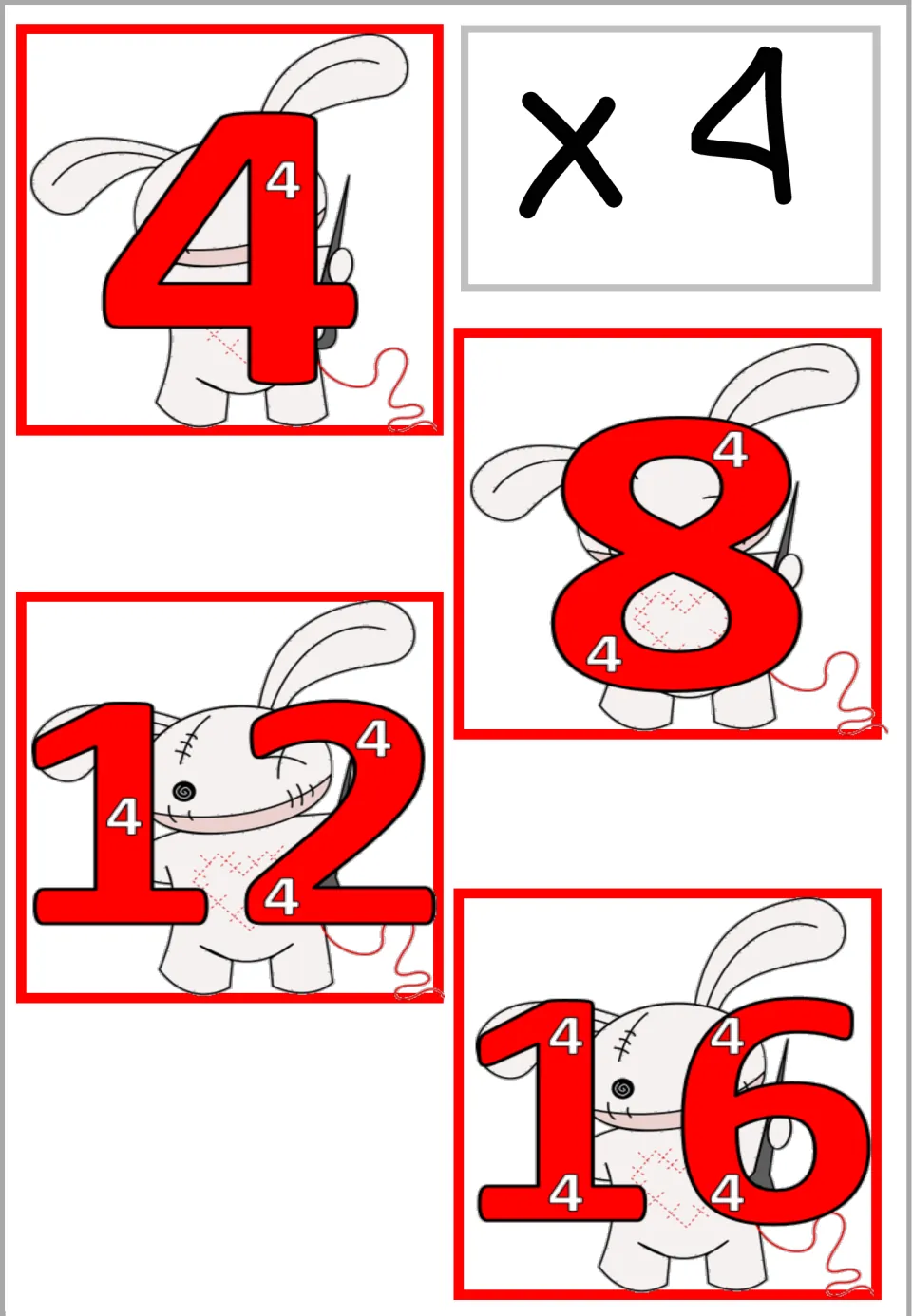 Multiplication wall poster sheet for ×4: products 4, 8, 12, and 16, containing one to four small 4s.