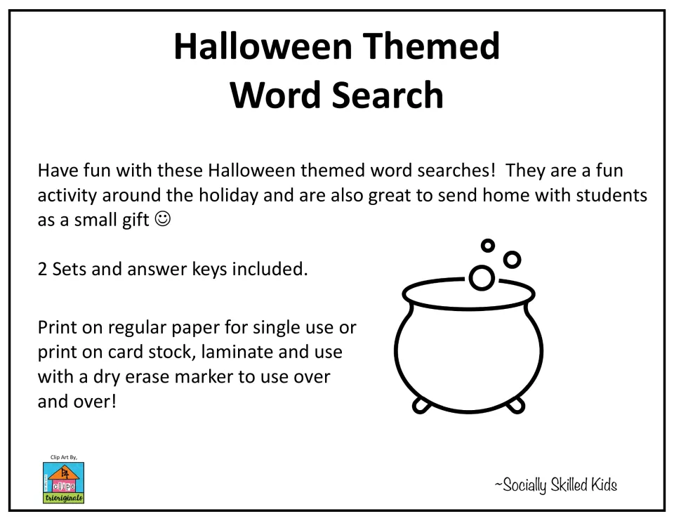 Halloween Themed Word Search cover: notes 2 sets with answer keys, print or laminate for dry-erase use, cauldron art