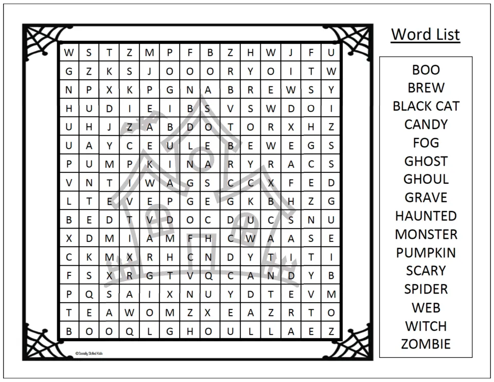 Halloween puzzle over a haunted house outline: students find 16 words such as BOO, GHOST, PUMPKIN and ZOMBIE
