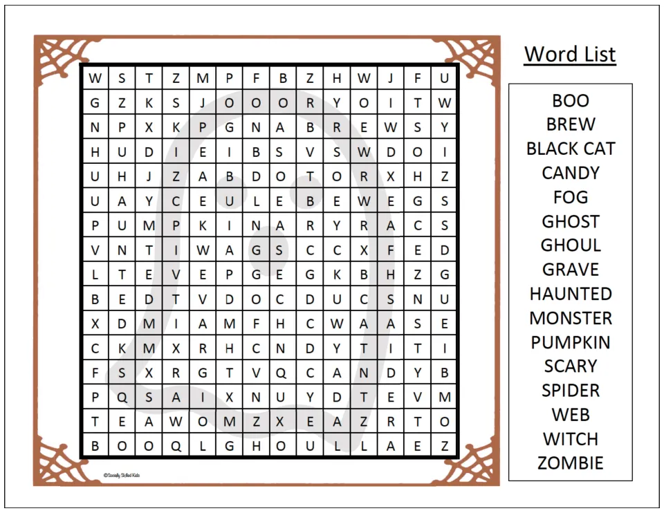 Ghost-shaped Halloween word hunt with orange webs: students locate BREW, BLACK CAT, CANDY, GRAVE and other listed words
