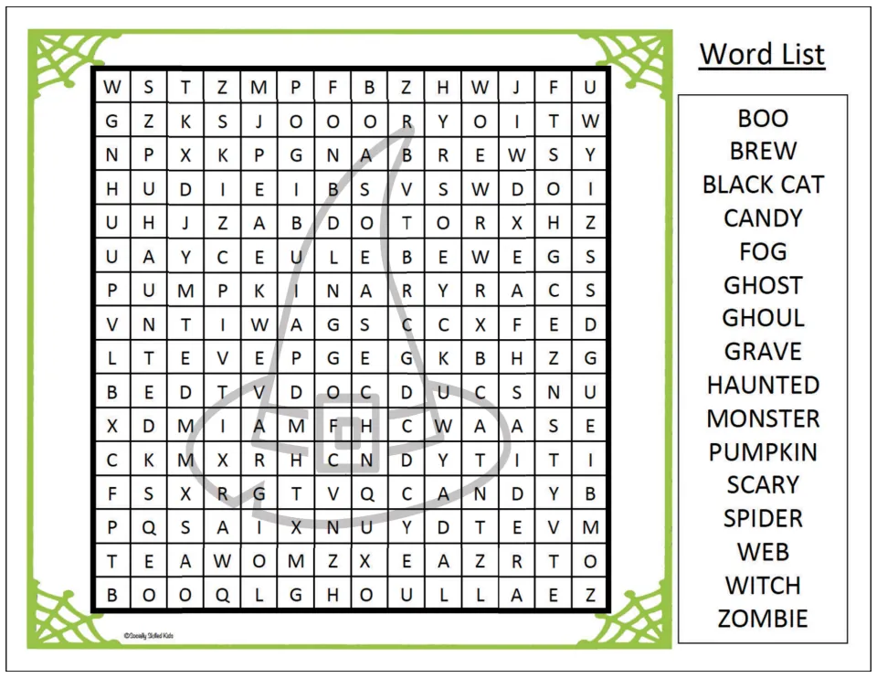 Witch hat Halloween word hunt with green webs: students search the letters for FOG, GHOUL, HAUNTED, MONSTER and WITCH
