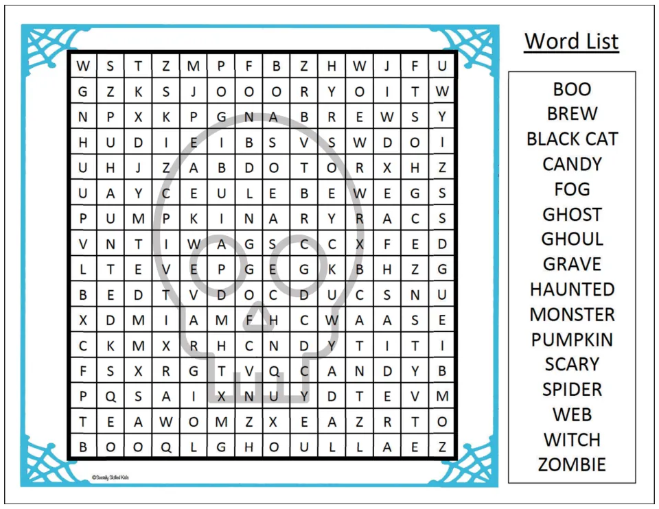 Skull-backed Halloween word hunt with blue webs: students circle SCARY, SPIDER, WEB, CANDY and 12 more listed words