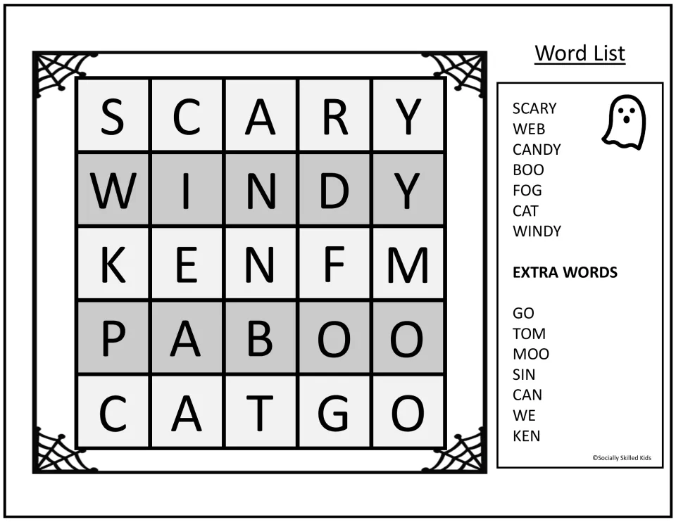 Mini Halloween word search with a ghost: students find SCARY, WEB, CANDY, BOO, FOG, CAT and WINDY plus 7 extra words