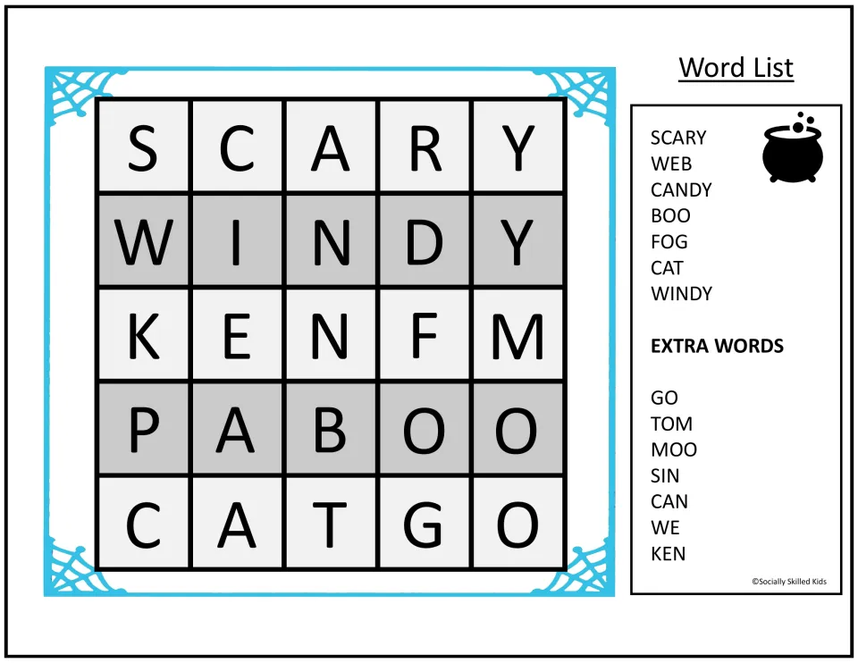 Cauldron version of the mini word search: students spot 7 Halloween words in big letters, then hunt for GO, TOM and MOO
