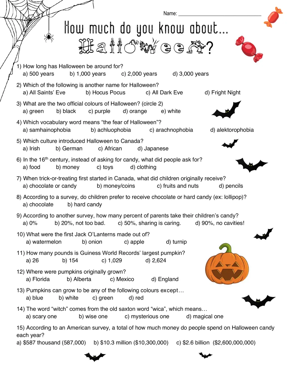 Halloween trivia quiz: students answer 15 multiple-choice questions on history, pumpkins, witches and candy