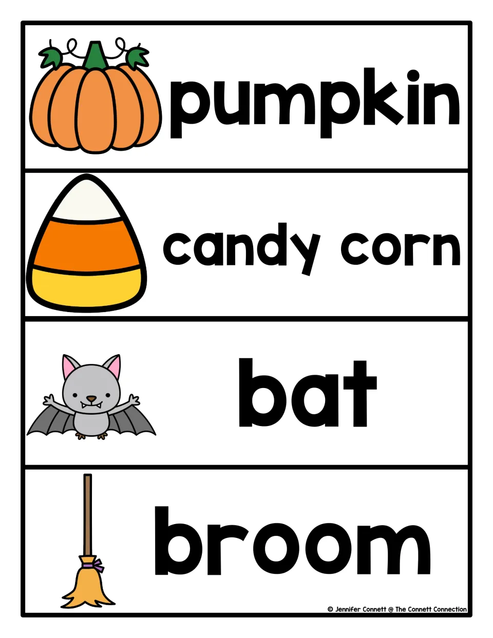 Halloween vocabulary cards 1–4 pair pictures with the words pumpkin, candy corn, bat, and broom.