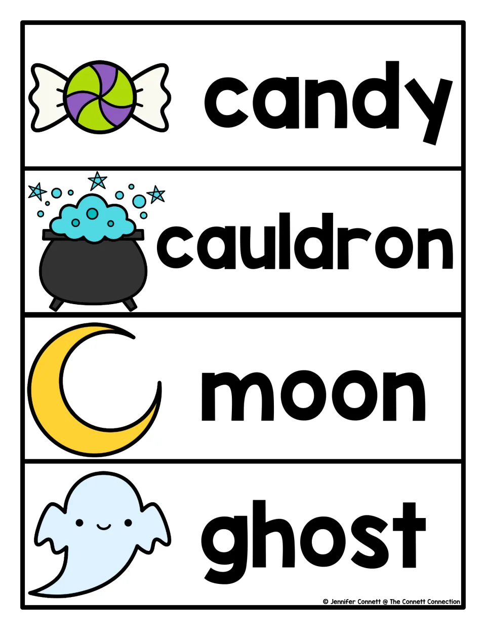 Halloween vocabulary cards 5–8 pair pictures with the words candy, cauldron, moon, and ghost.