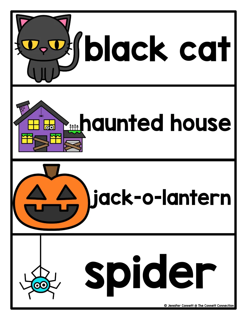 Halloween vocabulary cards 9–12 show labeled pictures of a black cat, haunted house, jack-o-lantern, and spider.