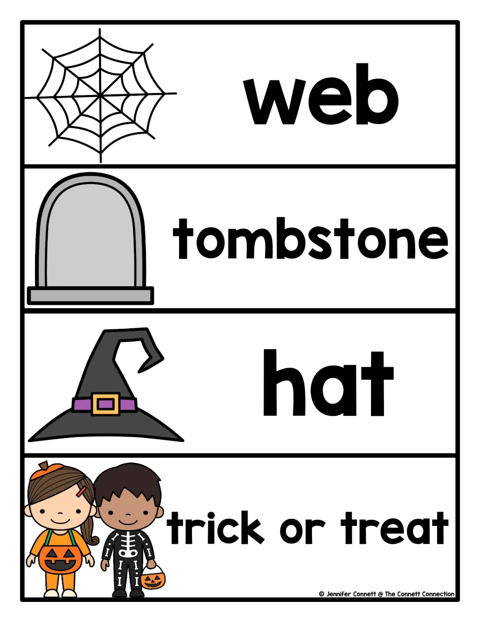 Halloween vocabulary cards 13–16 pair pictures with the words web, tombstone, hat, and trick or treat.