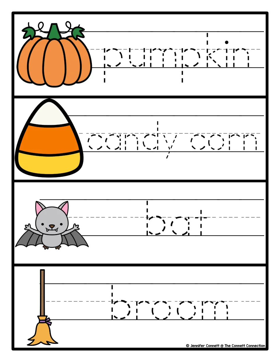 Halloween tracing cards 1–4 feature pumpkin, candy corn, bat, and broom in dotted letters beside pictures.
