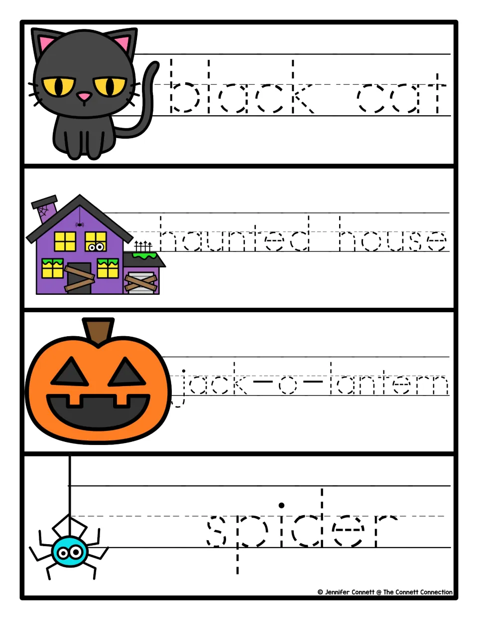 Halloween tracing cards 9–12 provide dotted words for black cat, haunted house, jack-o-lantern, and spider.
