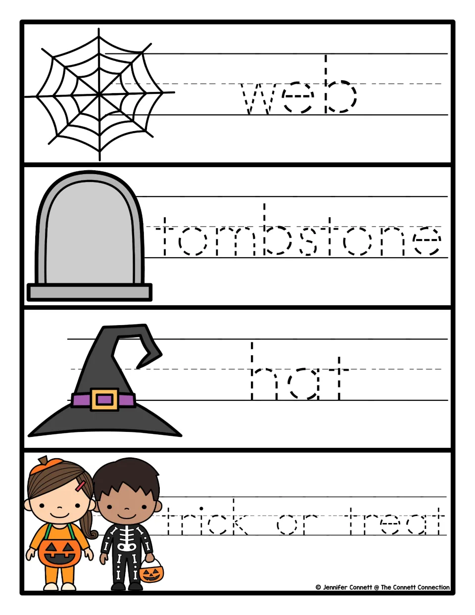 Halloween tracing cards 13–16 feature web, tombstone, hat, and trick or treat in dotted letters with pictures.