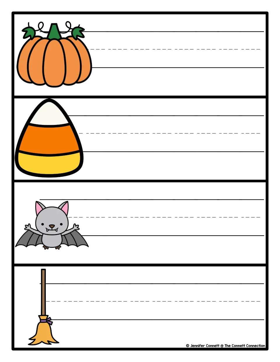 Halloween writing cards 1–4 use pumpkin, candy corn, bat, and broom pictures as prompts for writing words.