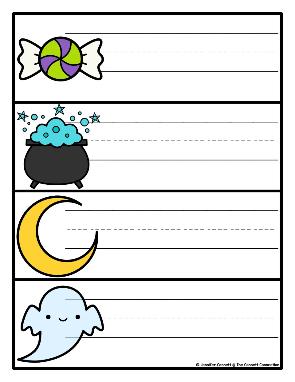 Halloween writing cards 5–8 use candy, cauldron, moon, and ghost pictures as prompts for writing words.