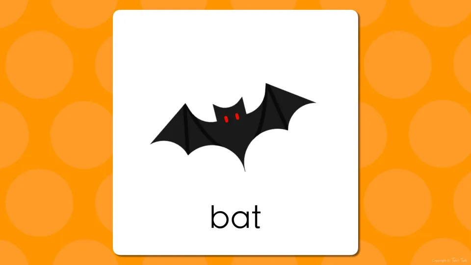 Halloween vocabulary slide pairing the black bat picture with the word bat, so students check the name and read the word