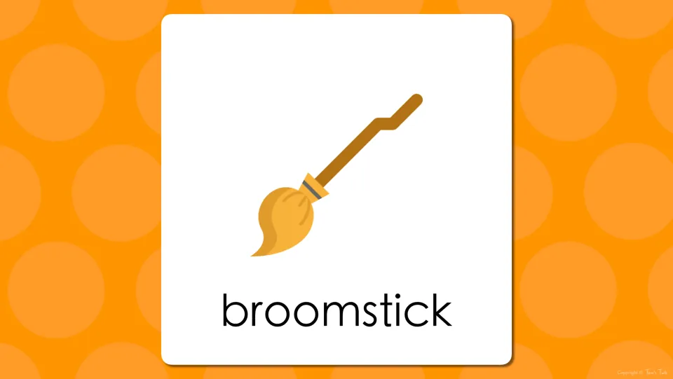 Halloween vocabulary slide with the broom picture and the word broomstick, letting students read and say the compound word
