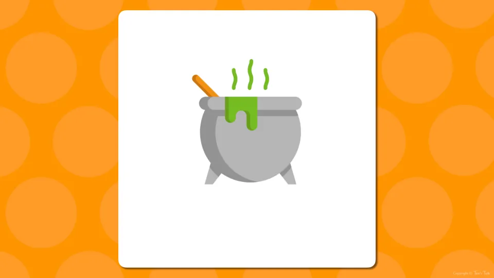 Halloween picture slide: a gray cauldron with a spoon and bubbling green brew, unlabeled, for students to name the object