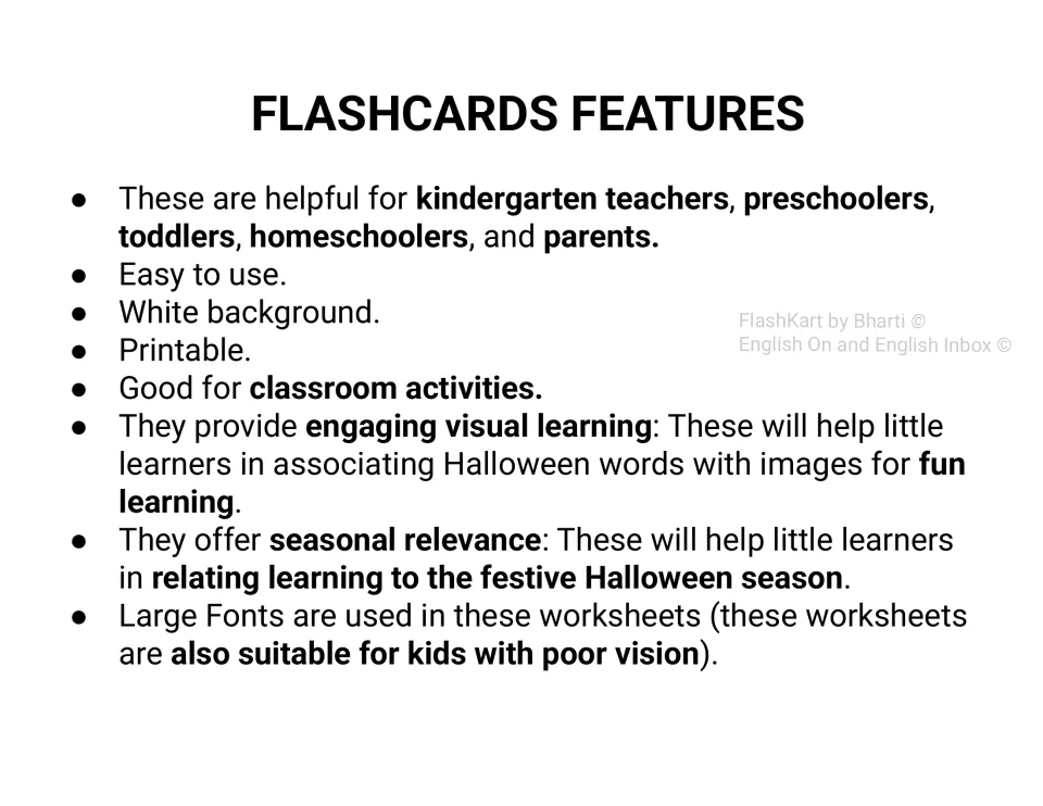 Flashcards Features list: intended users, white background, printable pages, large fonts and Halloween word-picture pairs