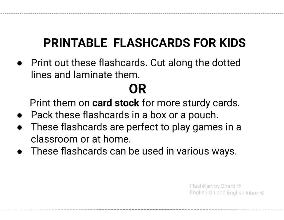 Printable Flashcards for Kids directions: print, cut on dotted lines, laminate or use card stock, and store in a pouch