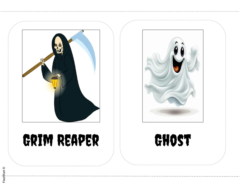 Halloween picture-word cards: a cloaked Grim Reaper with scythe and lantern, and a smiling white ghost, each labeled