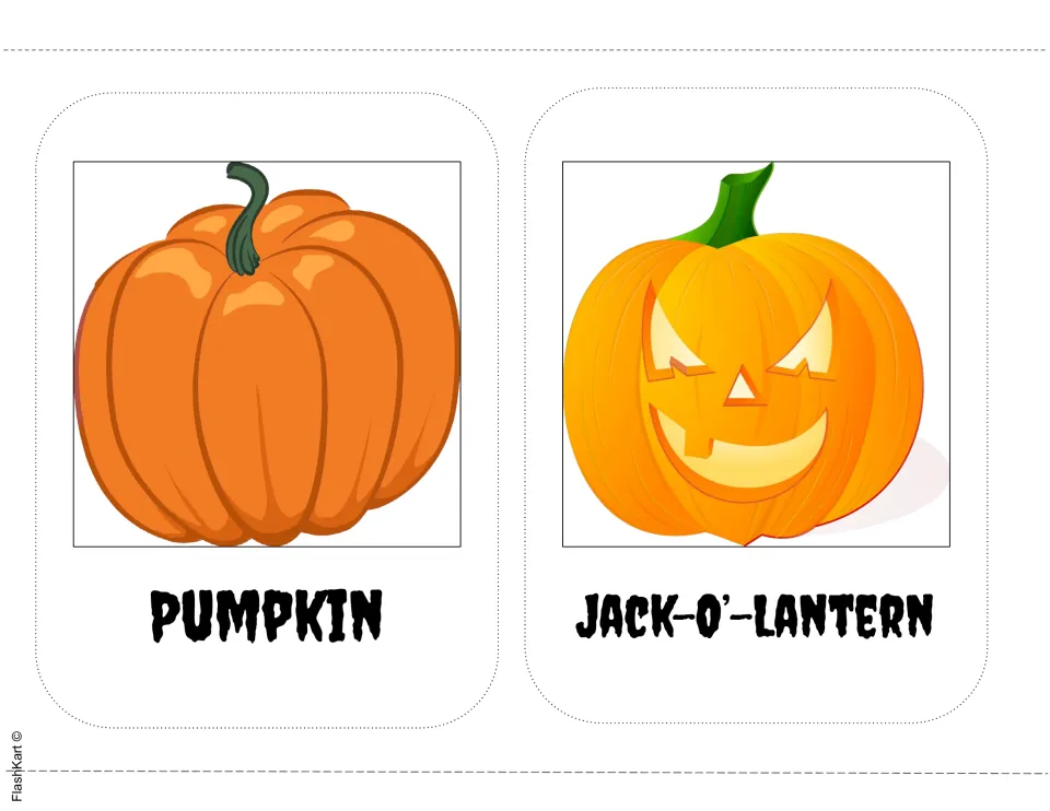 Halloween picture-word cards contrasting a plain orange pumpkin with a carved, glowing jack-o'-lantern, each labeled