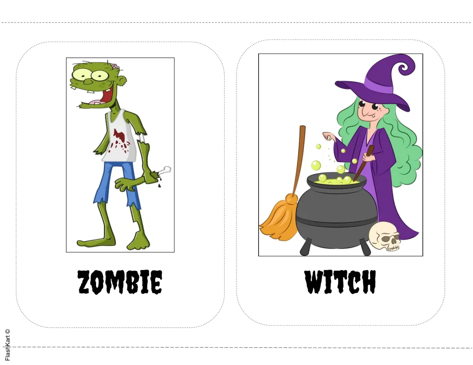 Halloween picture-word cards: a green zombie in torn clothes and a witch stirring a bubbling cauldron, each labeled