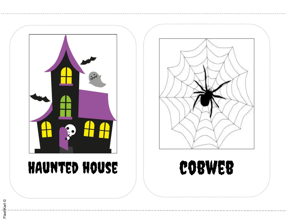 Halloween picture-word cards: a purple-roofed haunted house with bats and a ghost, and a spider sitting on a cobweb