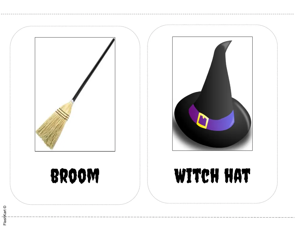 Halloween picture-word cards of a straw broom and a black witch hat with a purple band and gold buckle, each labeled