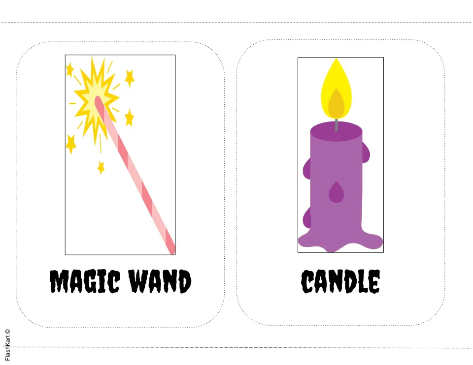 Halloween picture-word cards of a sparkling striped magic wand and a lit purple candle with dripping wax, labeled below