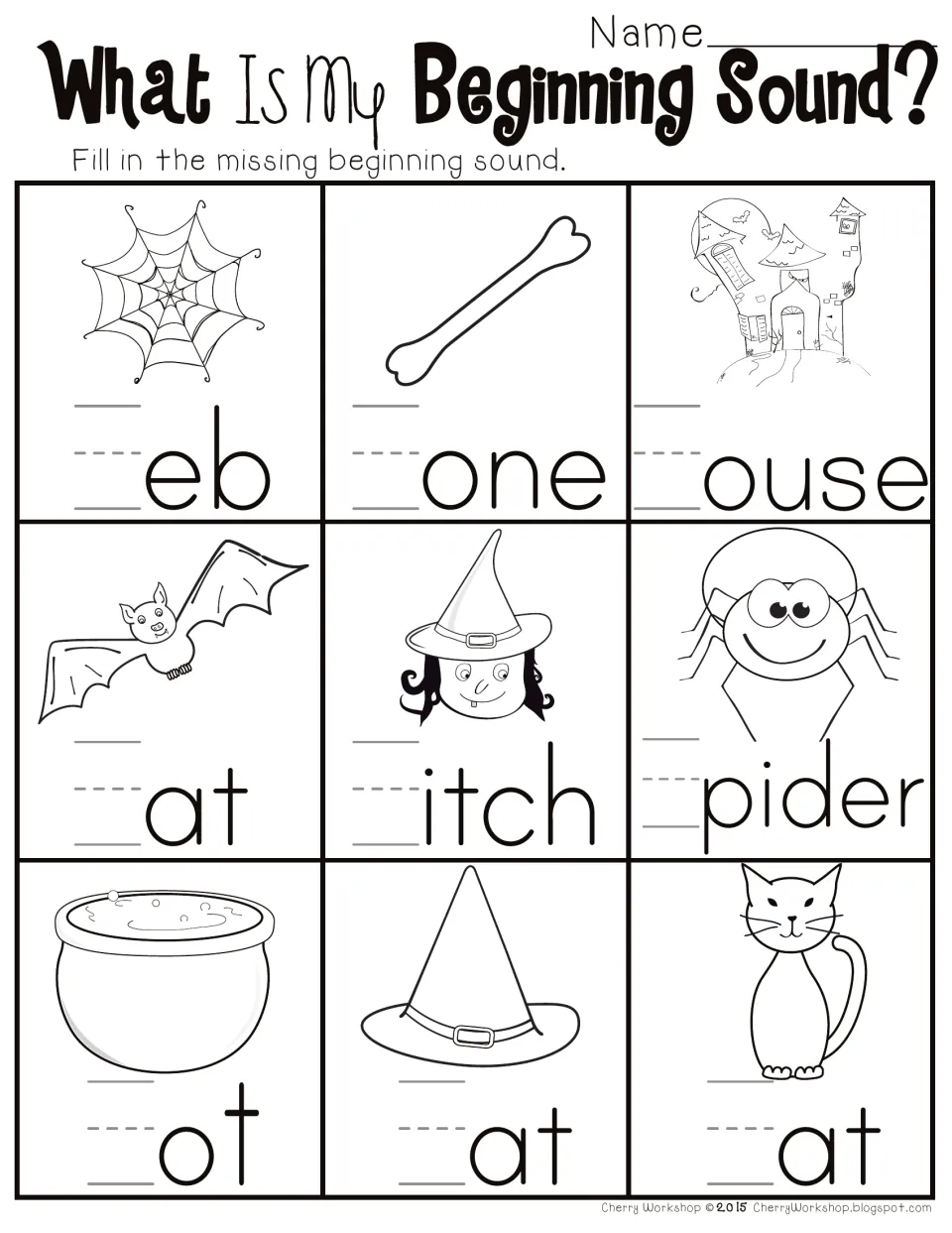 Halloween beginning-sound worksheet: fill in missing letters for web, bone, house, bat, witch and four more.