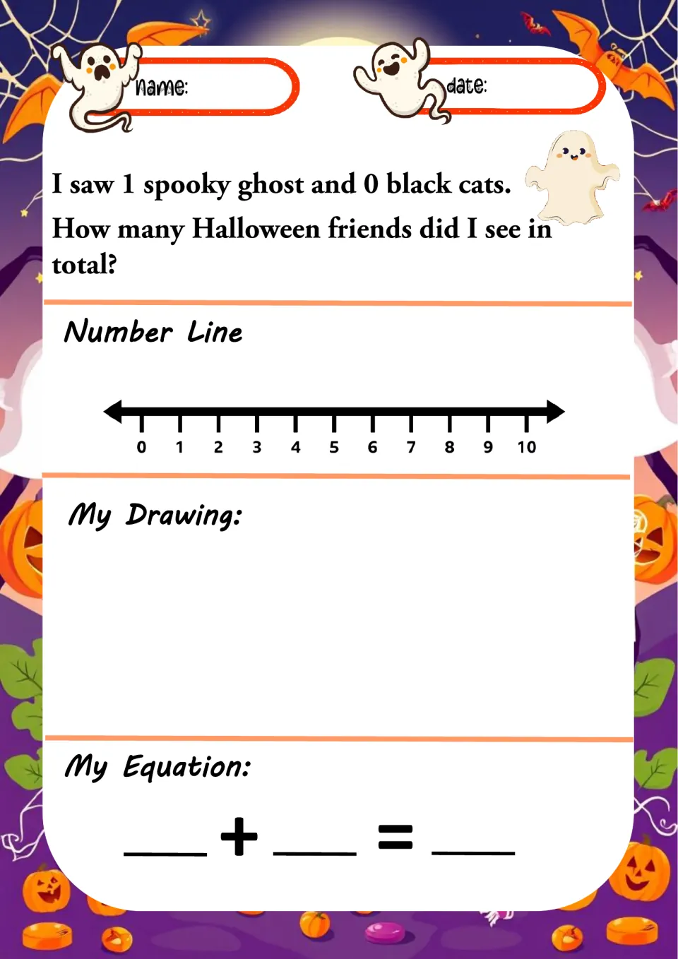 Halloween addition worksheet 1: add 1 spooky ghost and 0 black cats, then draw and write an equation.