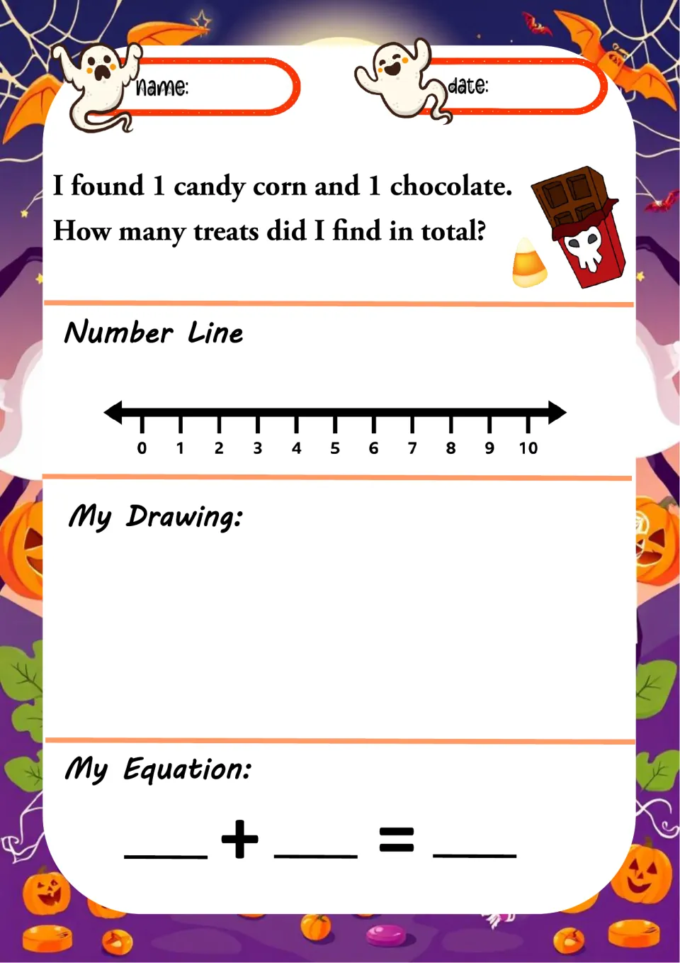 Halloween addition worksheet 2: add 1 candy corn and 1 chocolate, then draw and write an equation.