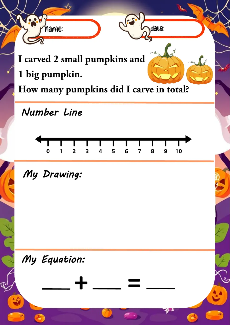 Halloween addition worksheet 3: add 2 small pumpkins and 1 big pumpkin, then draw and write an equation.