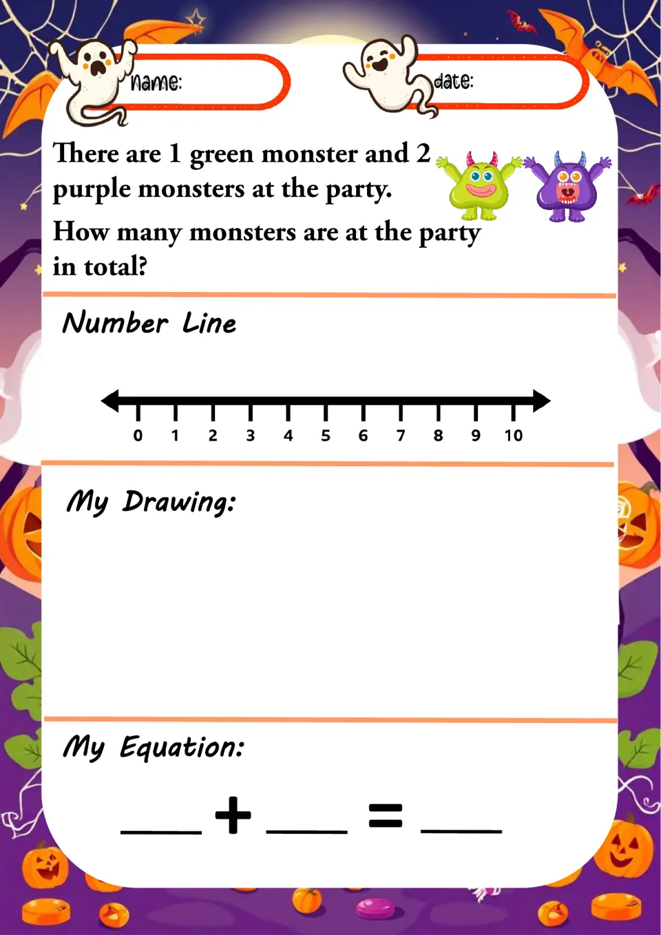 Halloween addition worksheet 4: add 1 green monster and 2 purple monsters, then draw and write an equation.