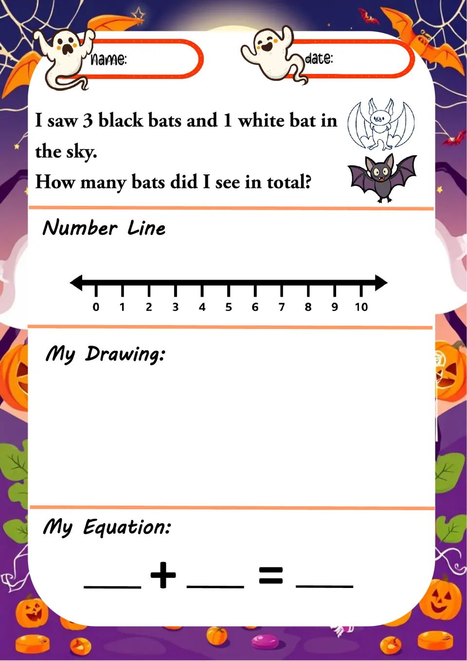 Halloween addition worksheet 5: add 3 black bats and 1 white bat, then draw and write an equation.
